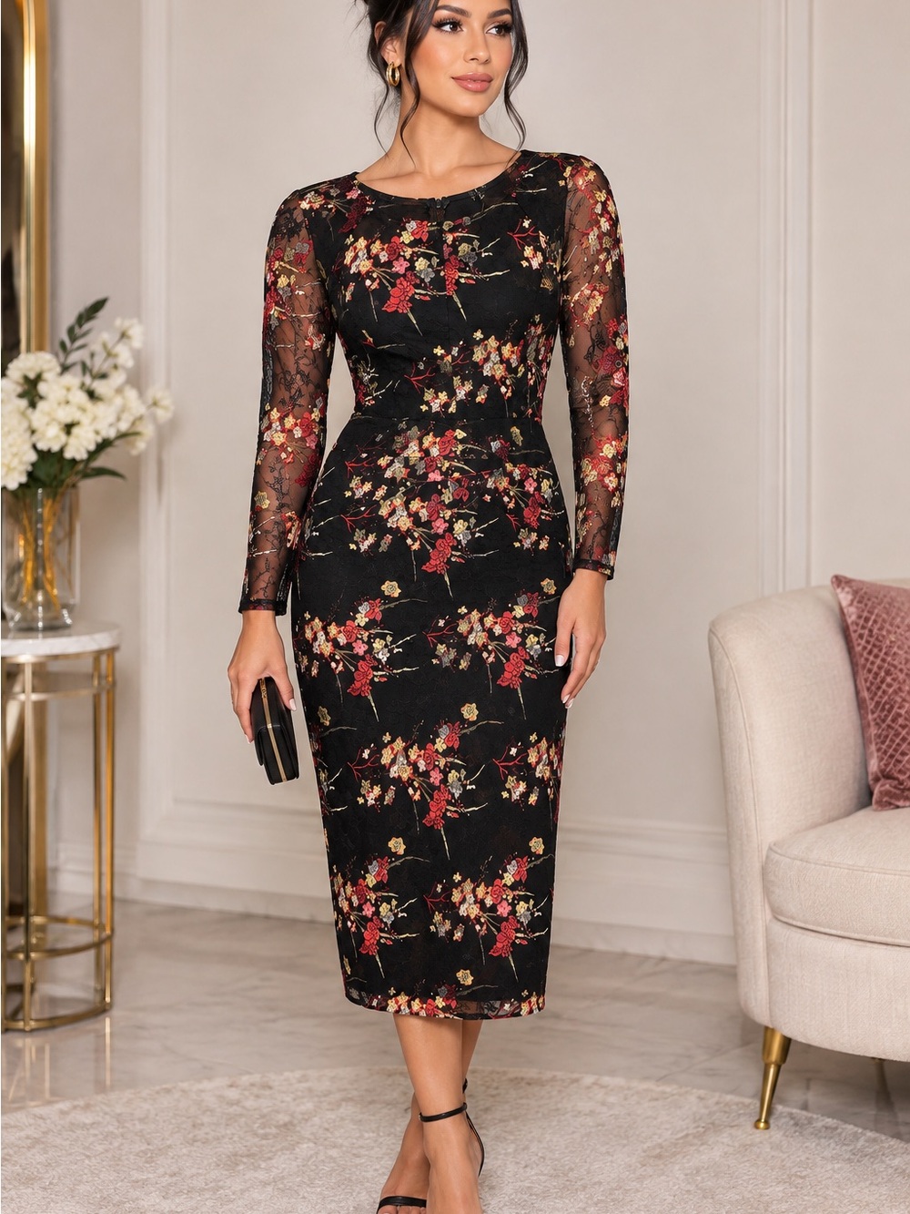Floral 🔥 Lace-Sleeve Midi Dress with Red Accents